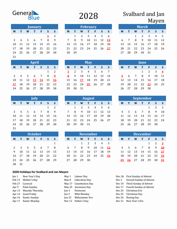 Printable Calendar 2028 with Svalbard and Jan Mayen Holidays (Monday Start)