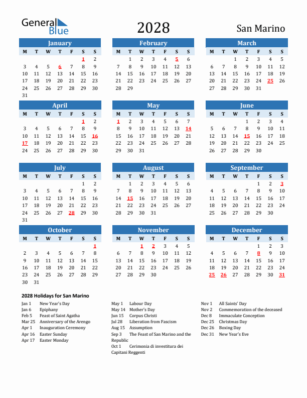 Printable Calendar 2028 with San Marino Holidays (Monday Start)
