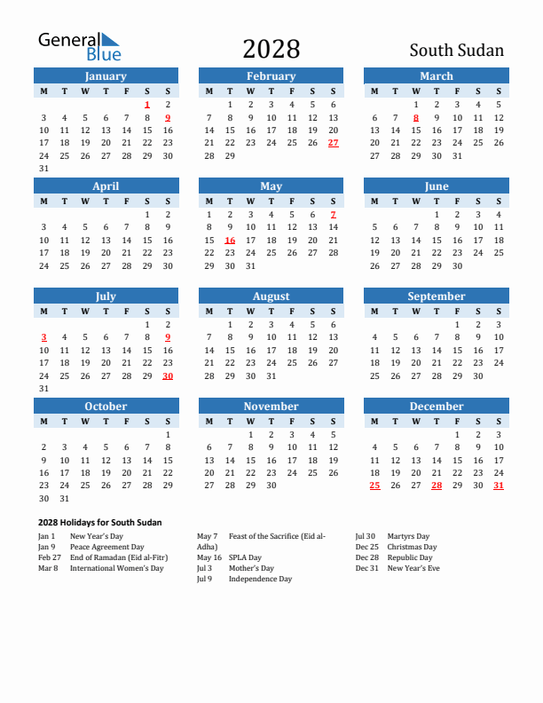 Printable Calendar 2028 with South Sudan Holidays (Monday Start)