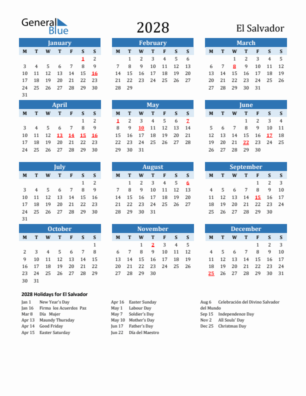 Printable Calendar 2028 with El Salvador Holidays (Monday Start)
