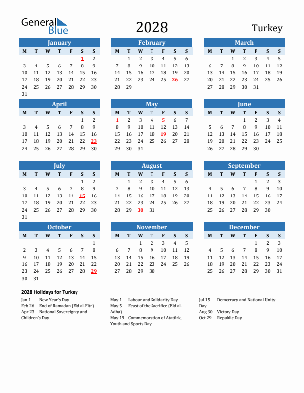 Printable Calendar 2028 with Turkey Holidays (Monday Start)