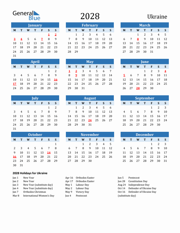 Printable Calendar 2028 with Ukraine Holidays (Monday Start)