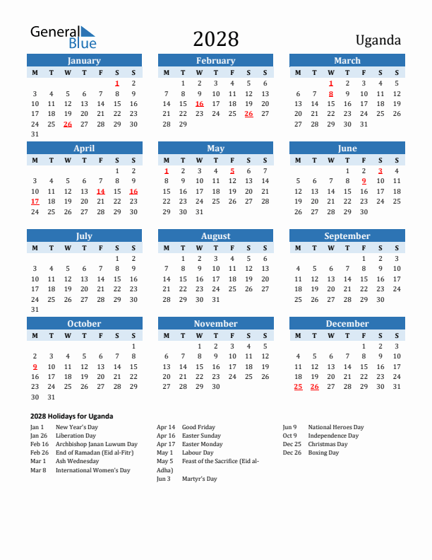 Printable Calendar 2028 with Uganda Holidays (Monday Start)