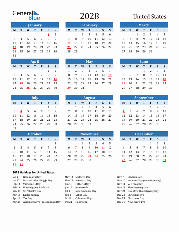 Printable Calendar 2028 with United States Holidays (Monday Start)