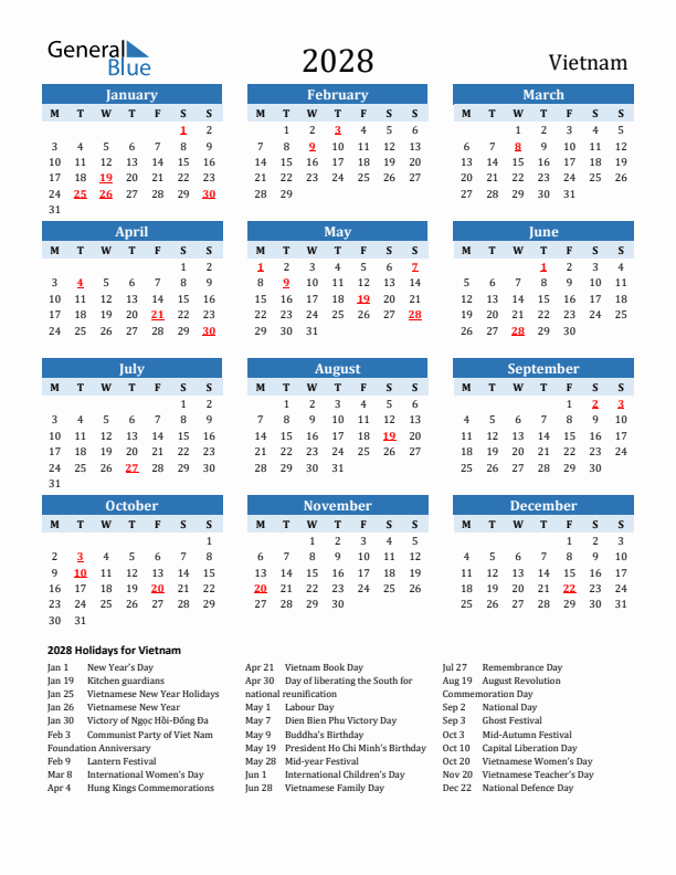 Printable Calendar 2028 with Vietnam Holidays (Monday Start)