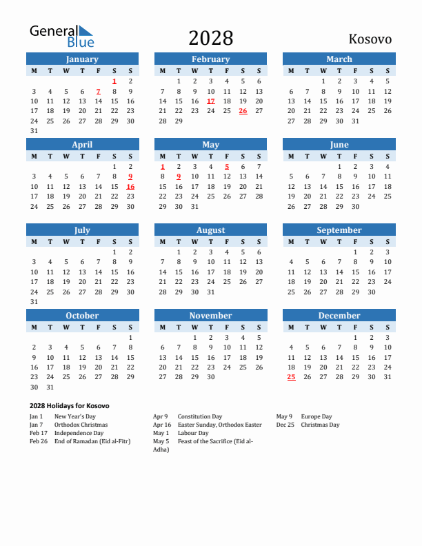 Printable Calendar 2028 with Kosovo Holidays (Monday Start)