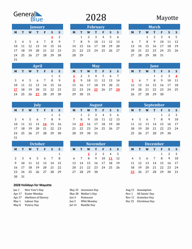 Printable Calendar 2028 with Mayotte Holidays (Monday Start)