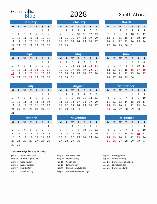 Printable Calendar 2028 with South Africa Holidays (Monday Start)