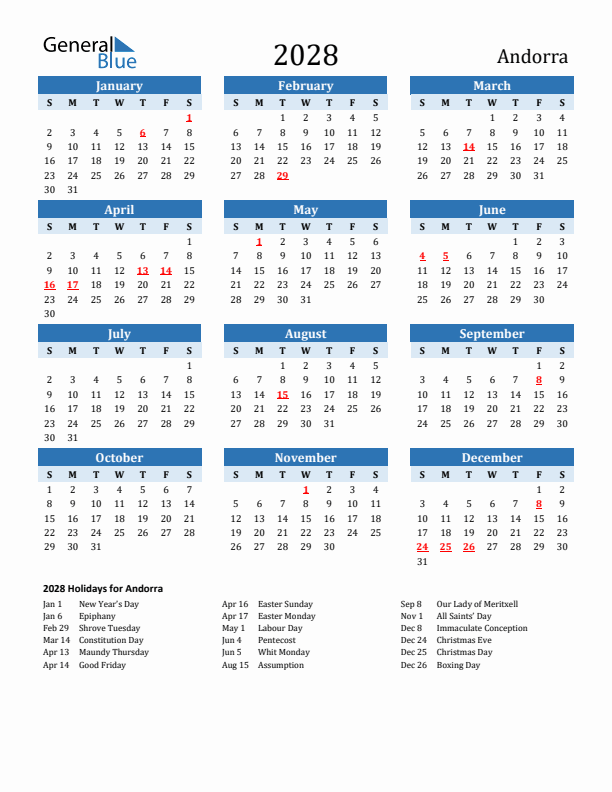 Printable Calendar 2028 with Andorra Holidays (Sunday Start)
