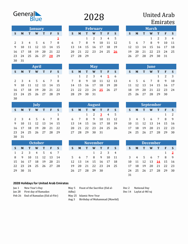 Printable Calendar 2028 with United Arab Emirates Holidays (Sunday Start)