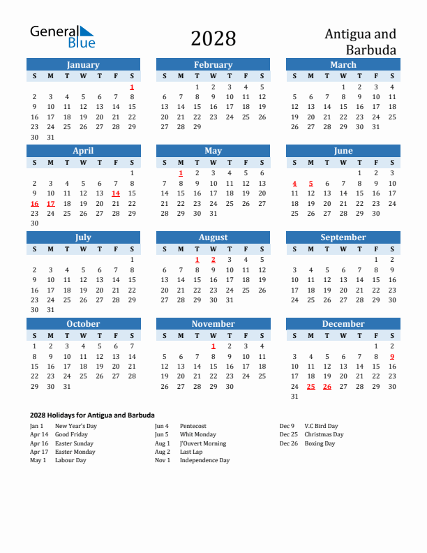 Printable Calendar 2028 with Antigua and Barbuda Holidays (Sunday Start)