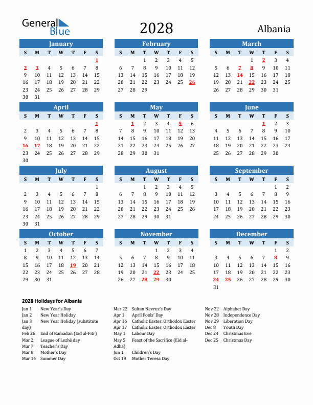 Printable Calendar 2028 with Albania Holidays (Sunday Start)