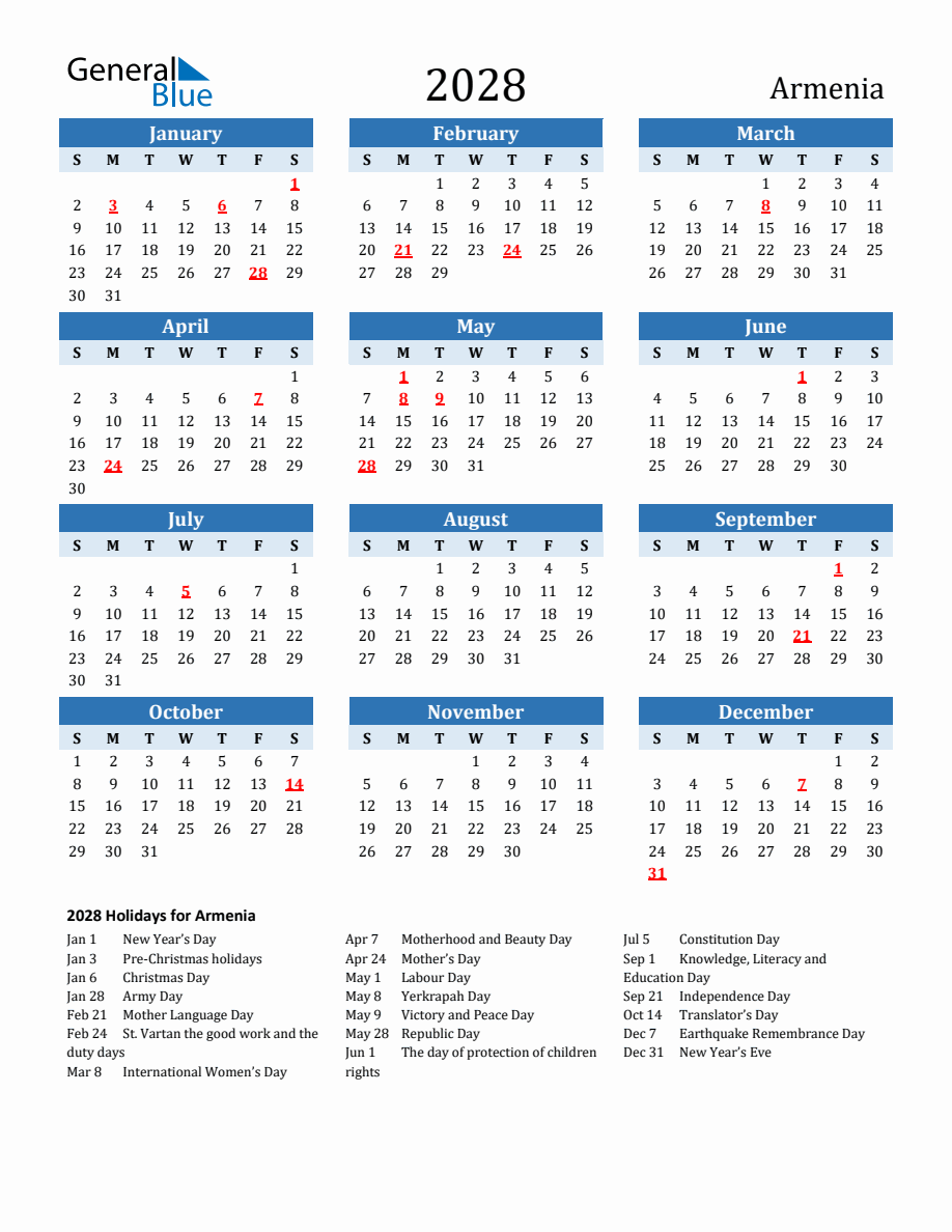 2028 Printable Calendar with Armenia Holidays