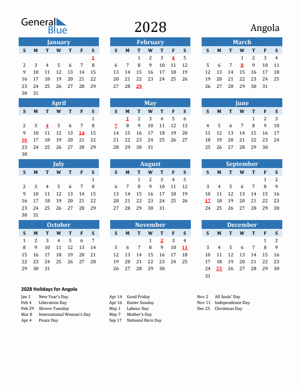 Printable Calendar 2028 with Angola Holidays (Sunday Start)