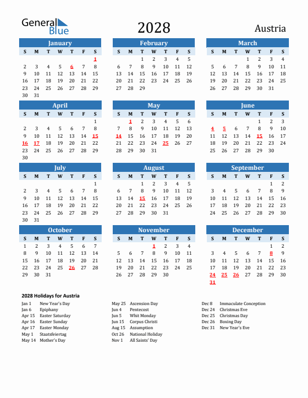 Printable Calendar 2028 with Austria Holidays (Sunday Start)