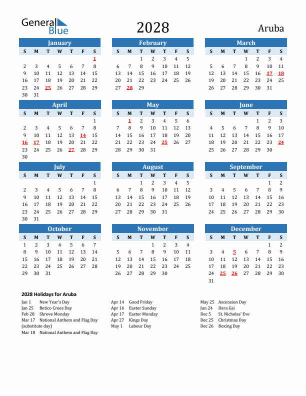 Printable Calendar 2028 with Aruba Holidays (Sunday Start)