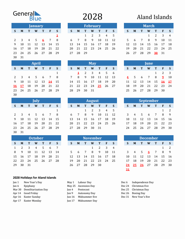 Printable Calendar 2028 with Aland Islands Holidays (Sunday Start)