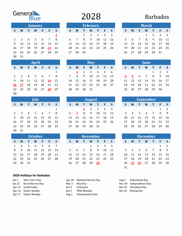 Printable Calendar 2028 with Barbados Holidays (Sunday Start)