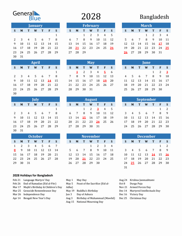 Printable Calendar 2028 with Bangladesh Holidays (Sunday Start)