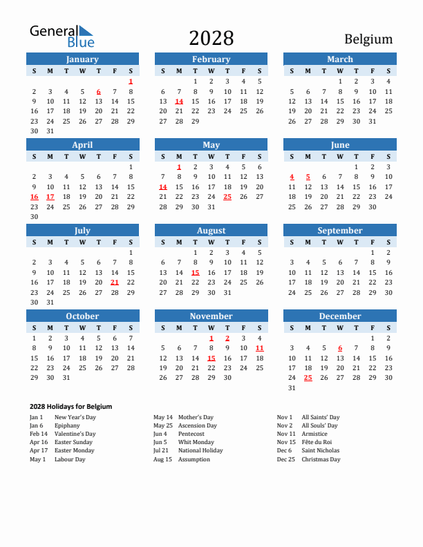 Printable Calendar 2028 with Belgium Holidays (Sunday Start)