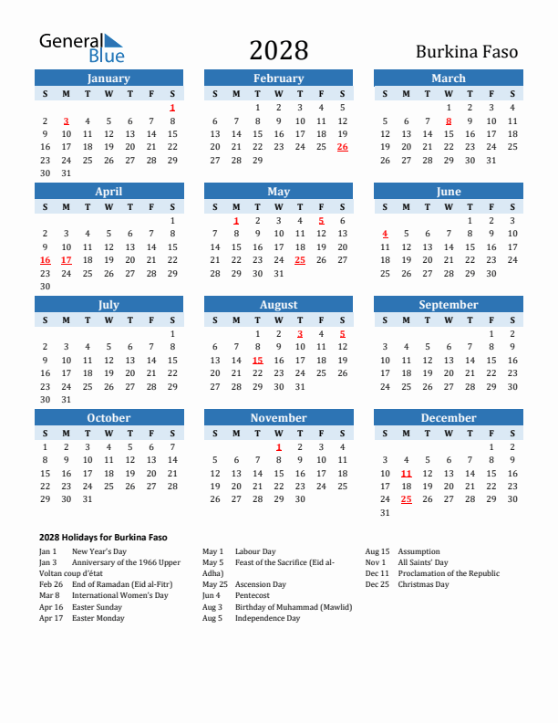 Printable Calendar 2028 with Burkina Faso Holidays (Sunday Start)