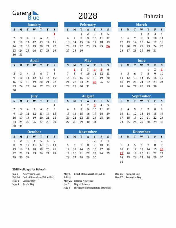 Printable Calendar 2028 with Bahrain Holidays (Sunday Start)