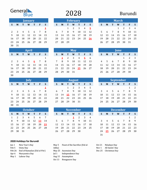 Printable Calendar 2028 with Burundi Holidays (Sunday Start)