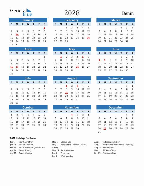 Printable Calendar 2028 with Benin Holidays (Sunday Start)