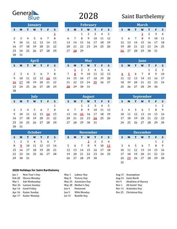 Printable Calendar 2028 with Saint Barthelemy Holidays (Sunday Start)