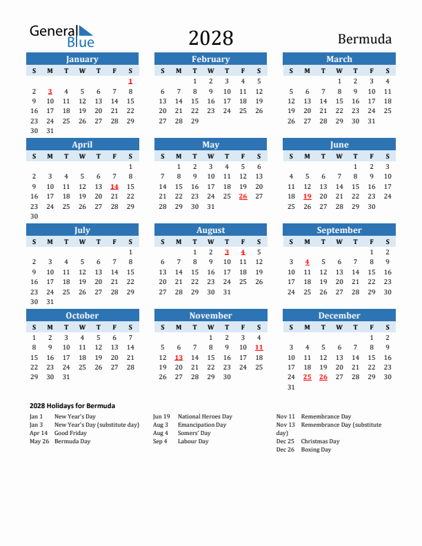 Printable Calendar 2028 with Bermuda Holidays (Sunday Start)