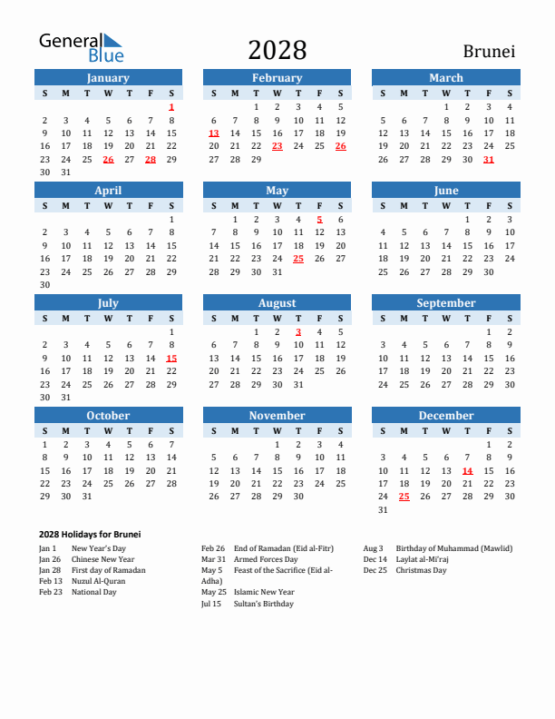 Printable Calendar 2028 with Brunei Holidays (Sunday Start)