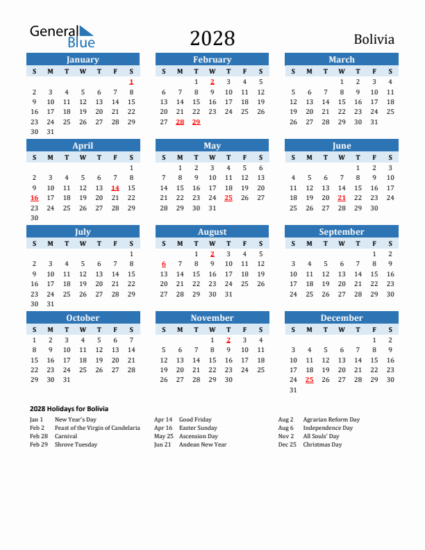 Printable Calendar 2028 with Bolivia Holidays (Sunday Start)