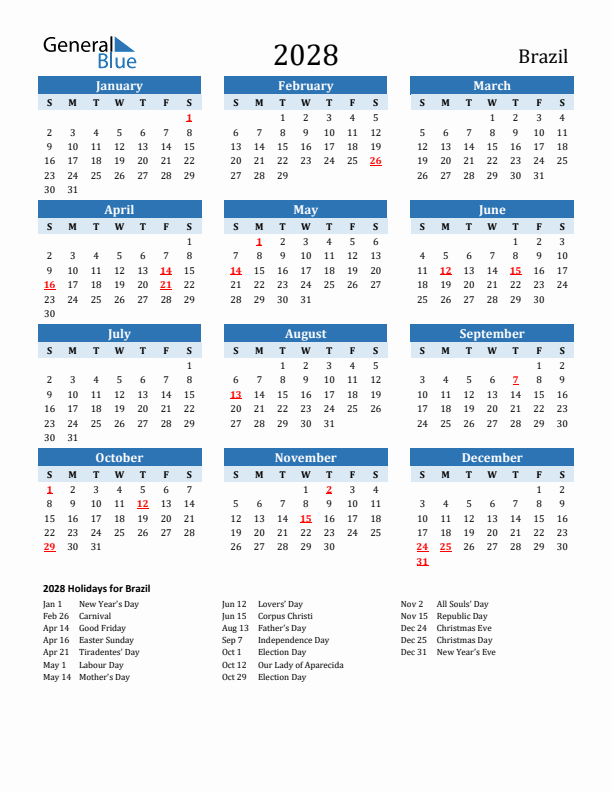 Printable Calendar 2028 with Brazil Holidays (Sunday Start)