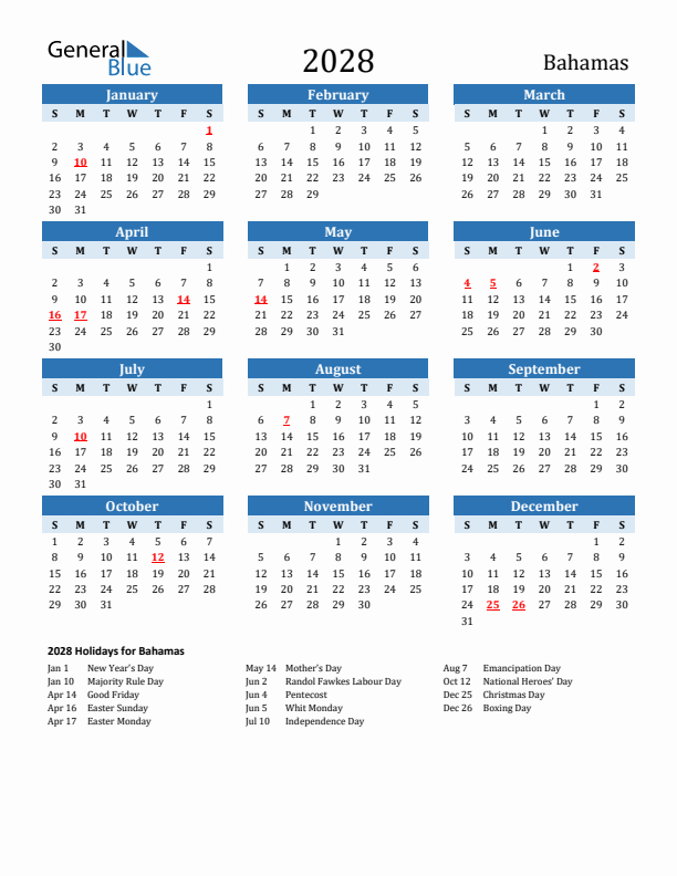 Printable Calendar 2028 with Bahamas Holidays (Sunday Start)