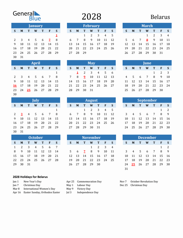 Printable Calendar 2028 with Belarus Holidays (Sunday Start)