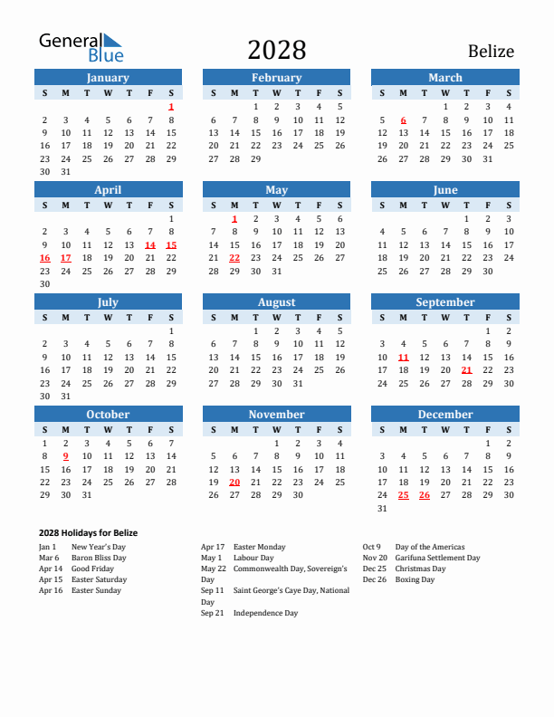 Printable Calendar 2028 with Belize Holidays (Sunday Start)