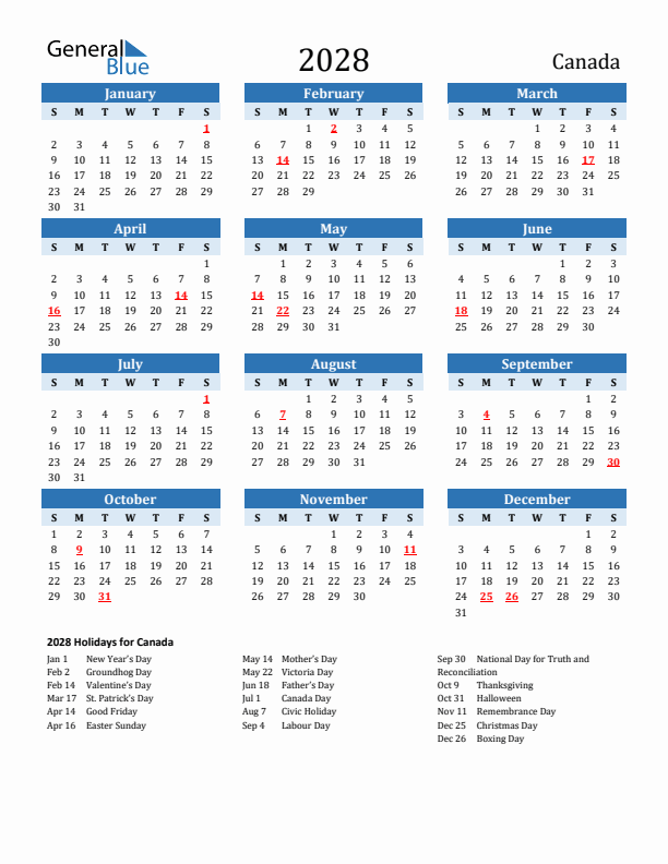 Printable Calendar 2028 with Canada Holidays (Sunday Start)