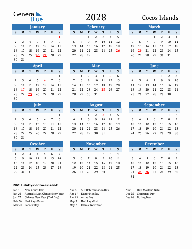 Printable Calendar 2028 with Cocos Islands Holidays (Sunday Start)