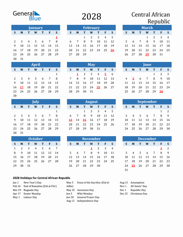 Printable Calendar 2028 with Central African Republic Holidays (Sunday Start)