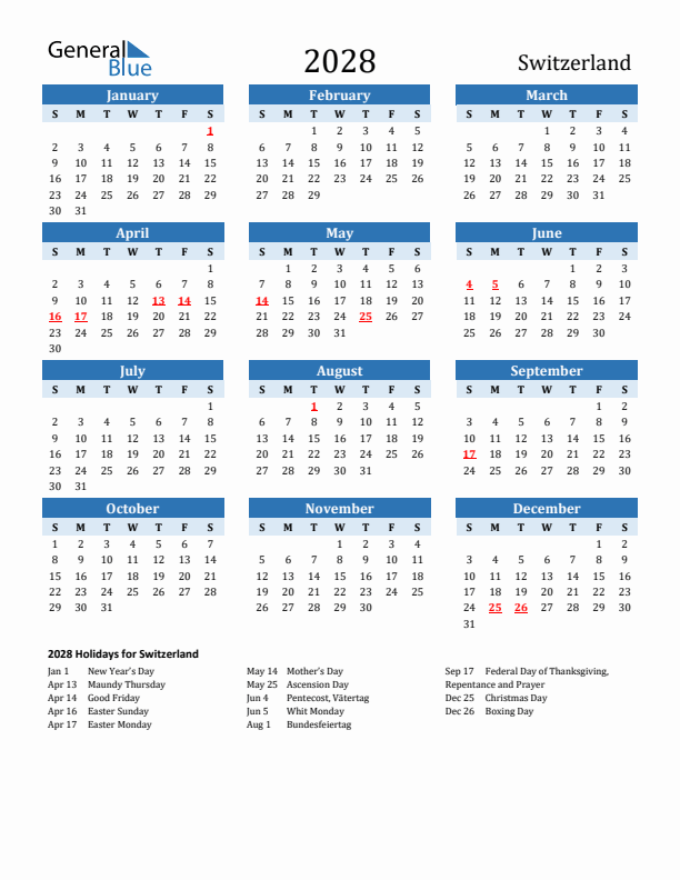 Printable Calendar 2028 with Switzerland Holidays (Sunday Start)