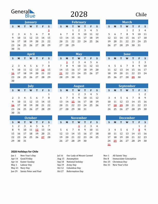 Printable Calendar 2028 with Chile Holidays (Sunday Start)