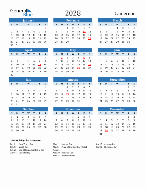 Printable Calendar 2028 with Cameroon Holidays (Sunday Start)