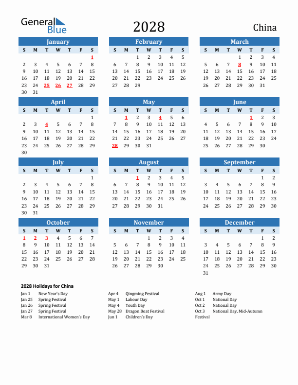 Printable Calendar 2028 with China Holidays (Sunday Start)