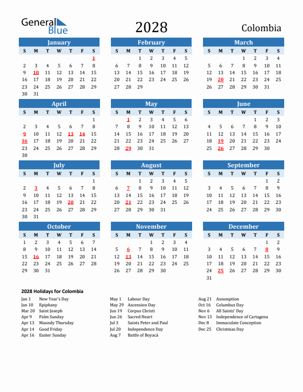 Printable Calendar 2028 with Colombia Holidays (Sunday Start)