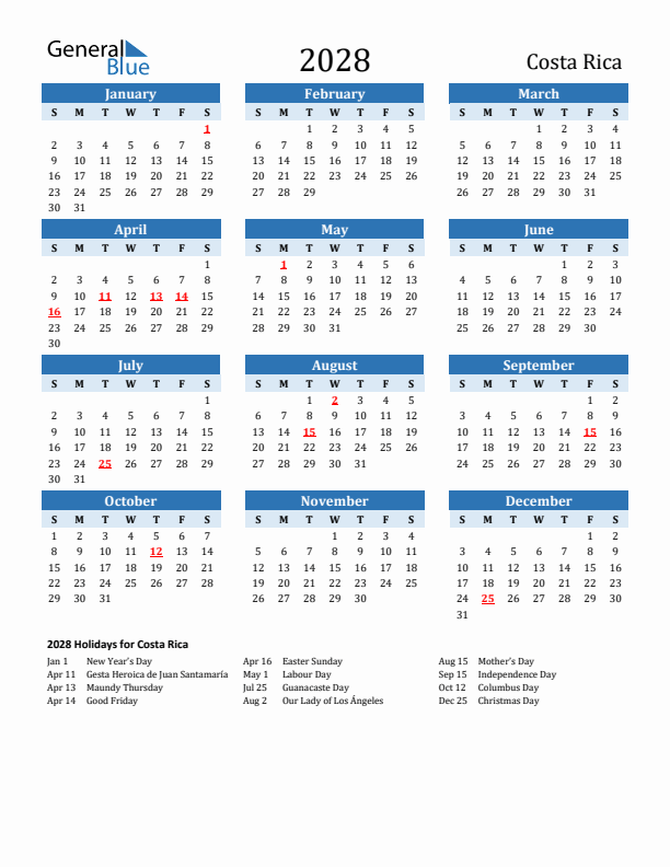 Printable Calendar 2028 with Costa Rica Holidays (Sunday Start)
