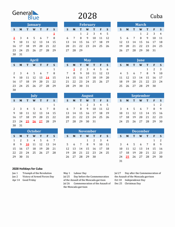 Printable Calendar 2028 with Cuba Holidays (Sunday Start)