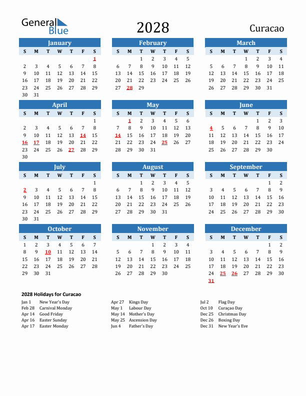 Printable Calendar 2028 with Curacao Holidays (Sunday Start)