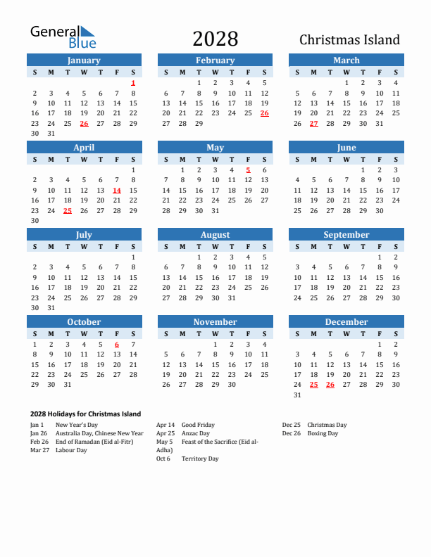 Printable Calendar 2028 with Christmas Island Holidays (Sunday Start)