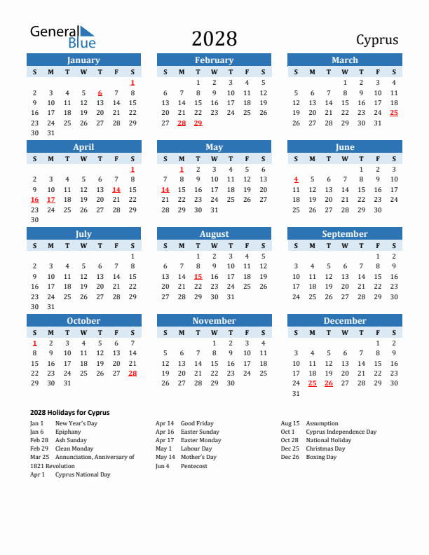 Printable Calendar 2028 with Cyprus Holidays (Sunday Start)