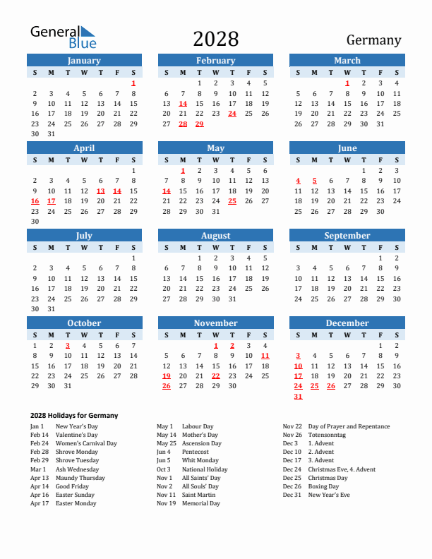 Printable Calendar 2028 with Germany Holidays (Sunday Start)